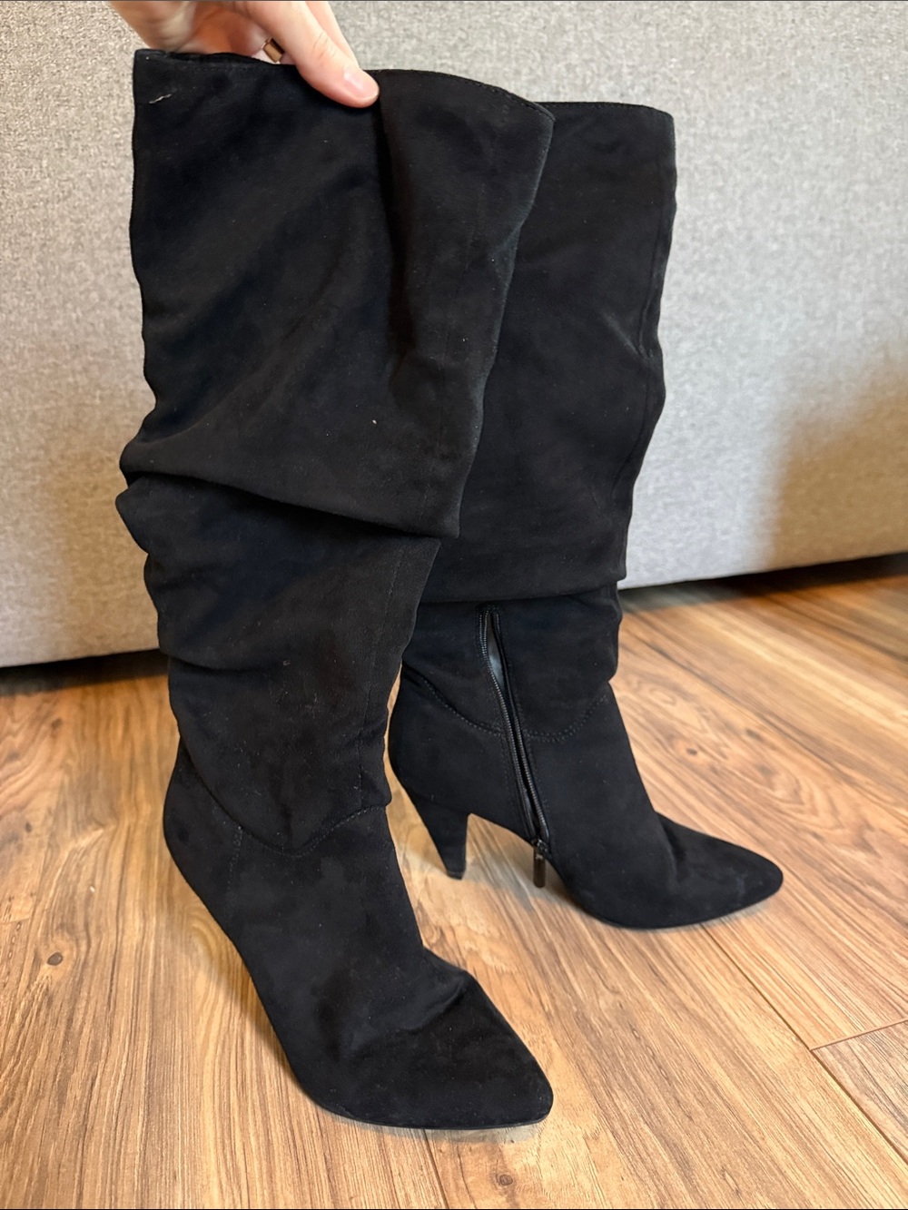 Black Suede Slouch Knee-High Boots - Women